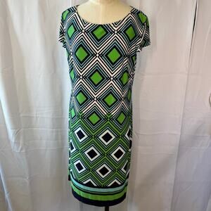 Jessica Howard Midi Dress Women’s Soze Large Geometric Print Green/Blue/White